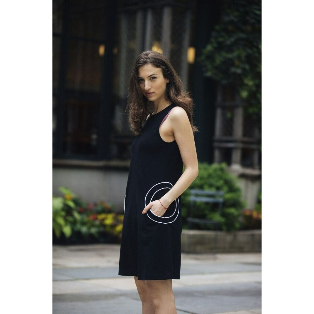 Lisa Perry Barneys Dress Womens 4 Navy Blue White Sleeveless Pockets Swing Zip